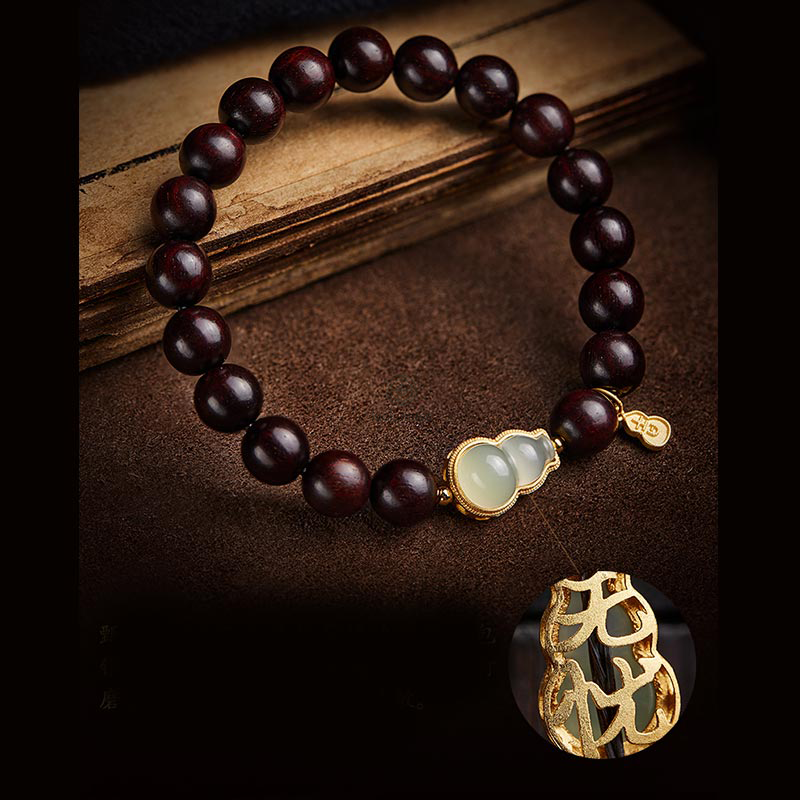 Luck Muse Small Leaf Red Sandalwood Gourd Jade Relaxation Bracelet - Image 15