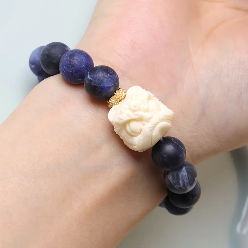 Luck Muse Sodalite Ivory Fruit Bracelet with Dancing Lion, Crescent Moon, and Harmony Design - Image 5