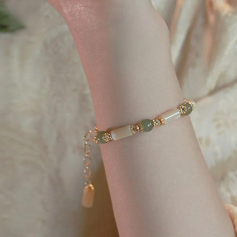 14K Gold Plated Tridacna Stone and Hetian Jade Bead Bracelet with Bamboo Pattern - Image 5