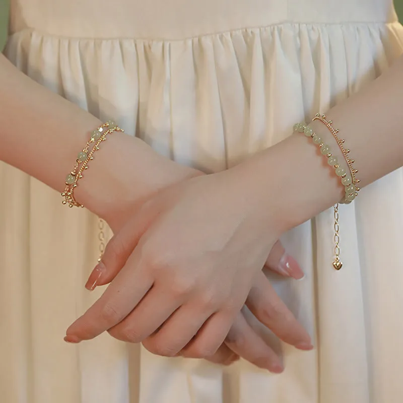 Luck Muse Shop 14K Gold-Plated Double Layer Hetian Jade Bead Bracelet for Luck and Prosperity - Image 12