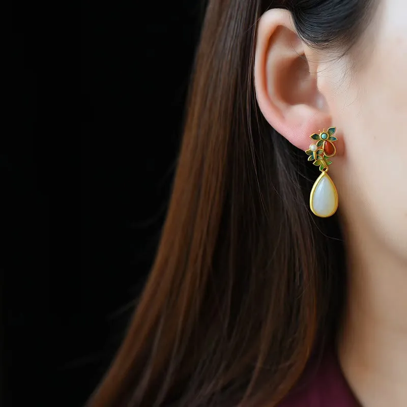 White Jade Red Agate Butterfly Protection Drop Earrings with Luck Muse - Image 5