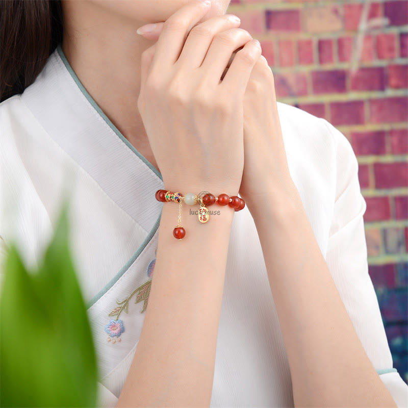 Natural Red Agate and Jade Fortune Charm Bracelet - Image 9