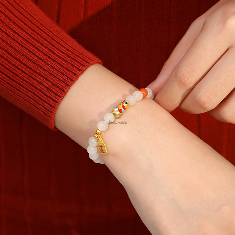 Hetian White Jade and Red Agate Koi Fish Luck Bracelet in 925 Sterling Silver - Image 6