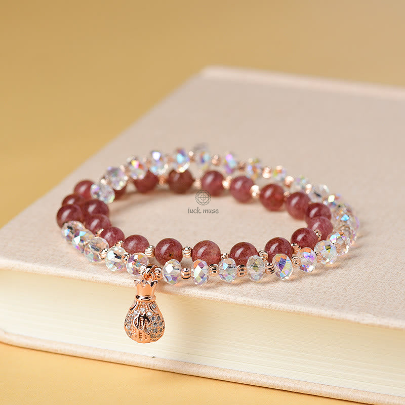 Luck Muse Strawberry Quartz & White Crystal Money Bag Charm Bracelet - Image 5