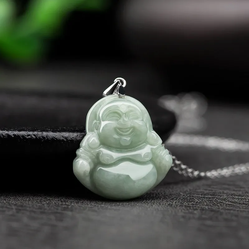 Laughing Buddha Jade Blessing Necklace - 925 Sterling Silver Chain Pendant - Image 2
