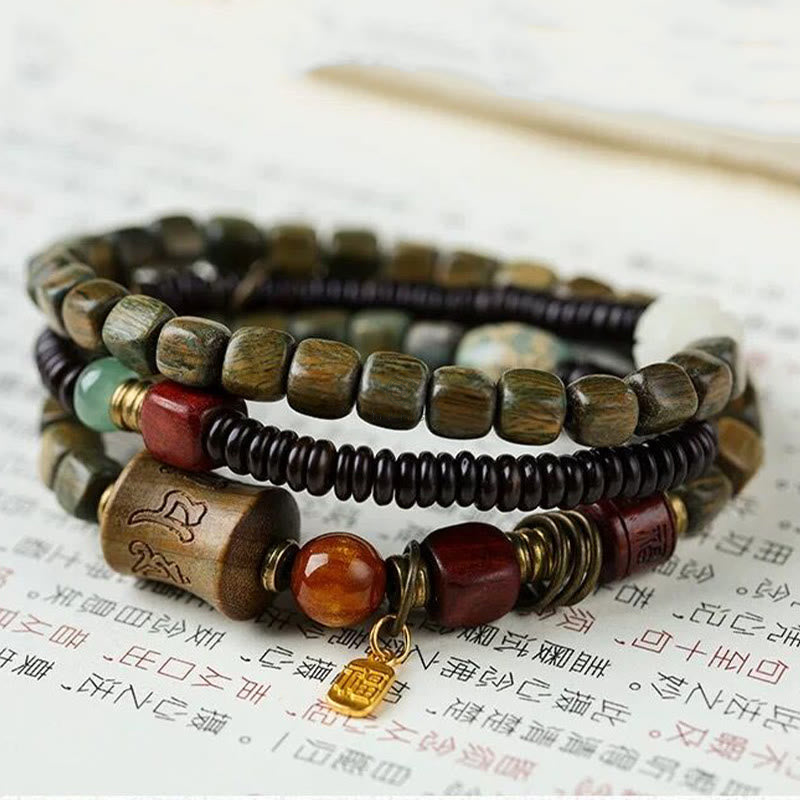 Green Sandalwood Ebony Om Mani Padme Hum Engraved Peace Triple Wrap Bracelet with Luck Muse - Image 4