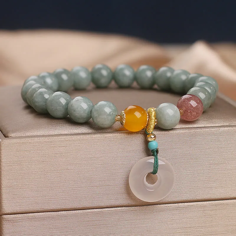 Buddhist Jade and Strawberry Quartz Beaded Peace Buckle Prosperity Bracelet - Image 3
