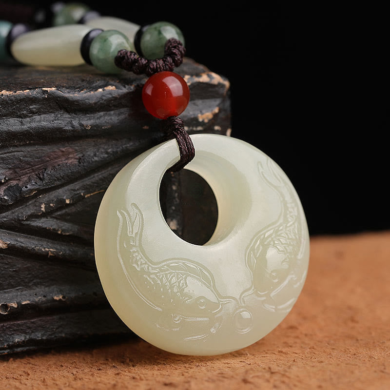 White Jade Double Koi Fish Carved Luck Muse Necklace for Prosperity and Success - Image 2