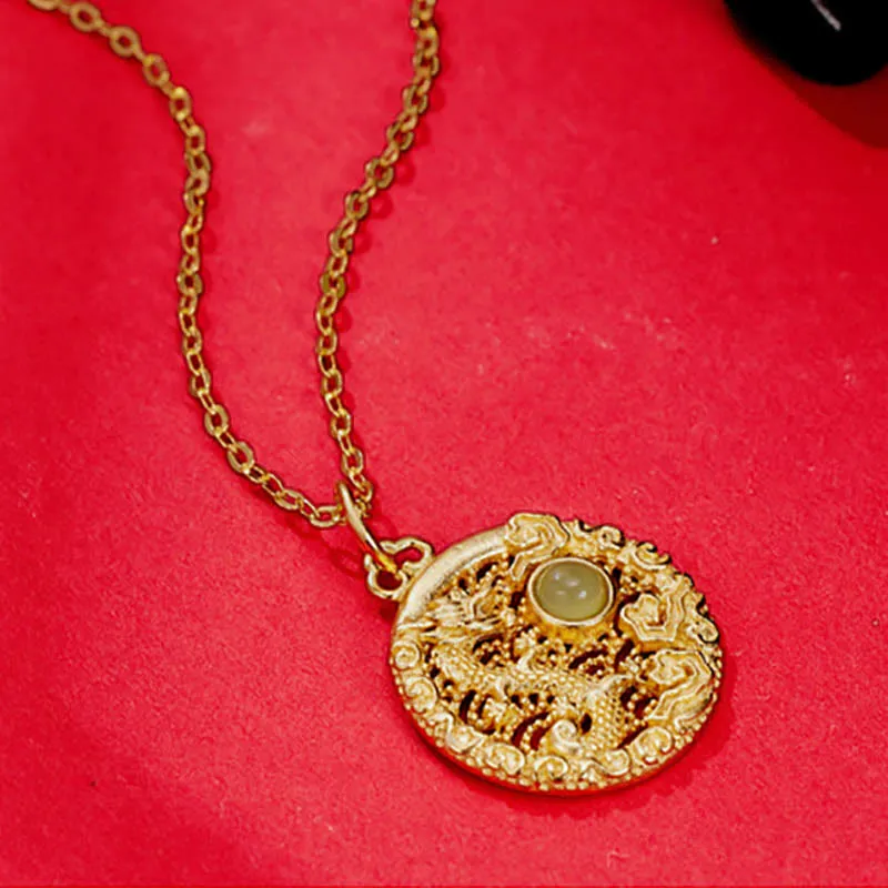 Luck Muse 925 Sterling Silver Dragon Year Hetian Jade Inlaid Necklace Pendant with Auspicious Clouds - Image 5