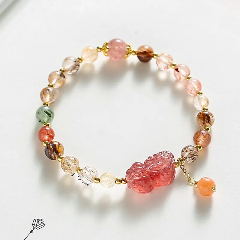 Natural Rutilated Quartz and Strawberry Quartz Wealth Bracelet with Pi Xiu