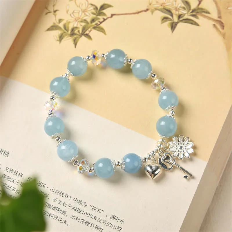 925 Sterling Silver Aquamarine Serenity Flower Key Charm Bracelet - Image 2