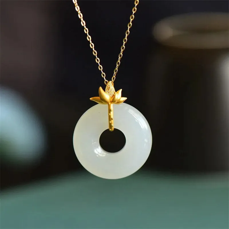 White Jade Lotus Harmony Pendant Necklace by Luck Muse Shop