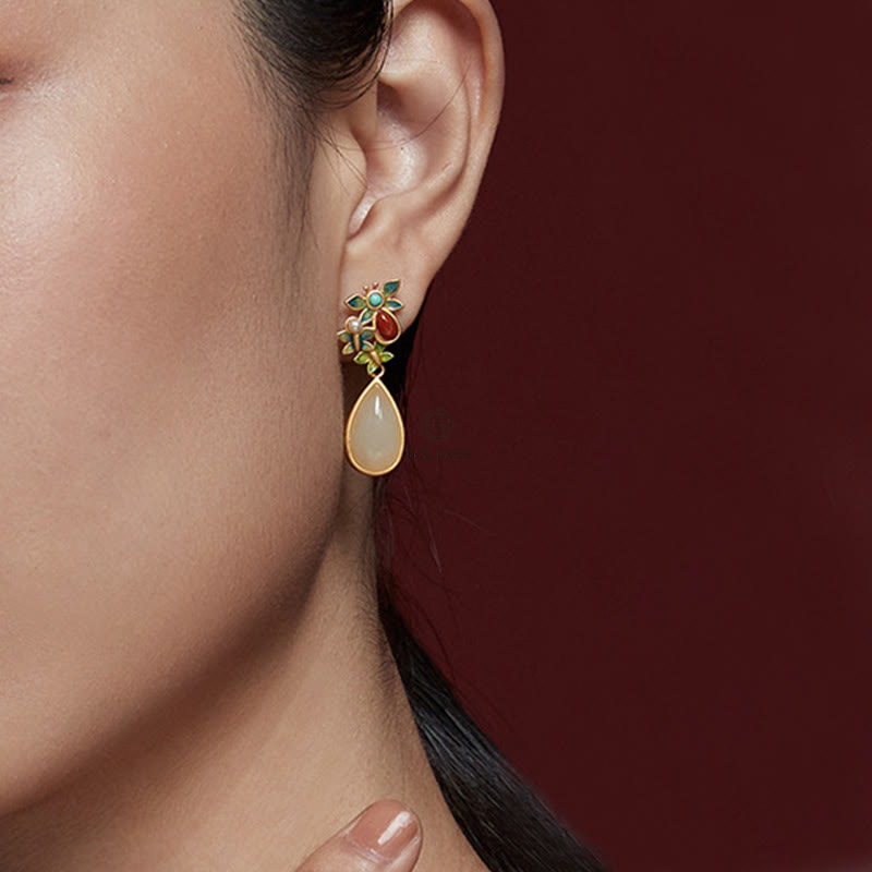White Jade Red Agate Butterfly Protection Drop Earrings with Luck Muse - Image 10