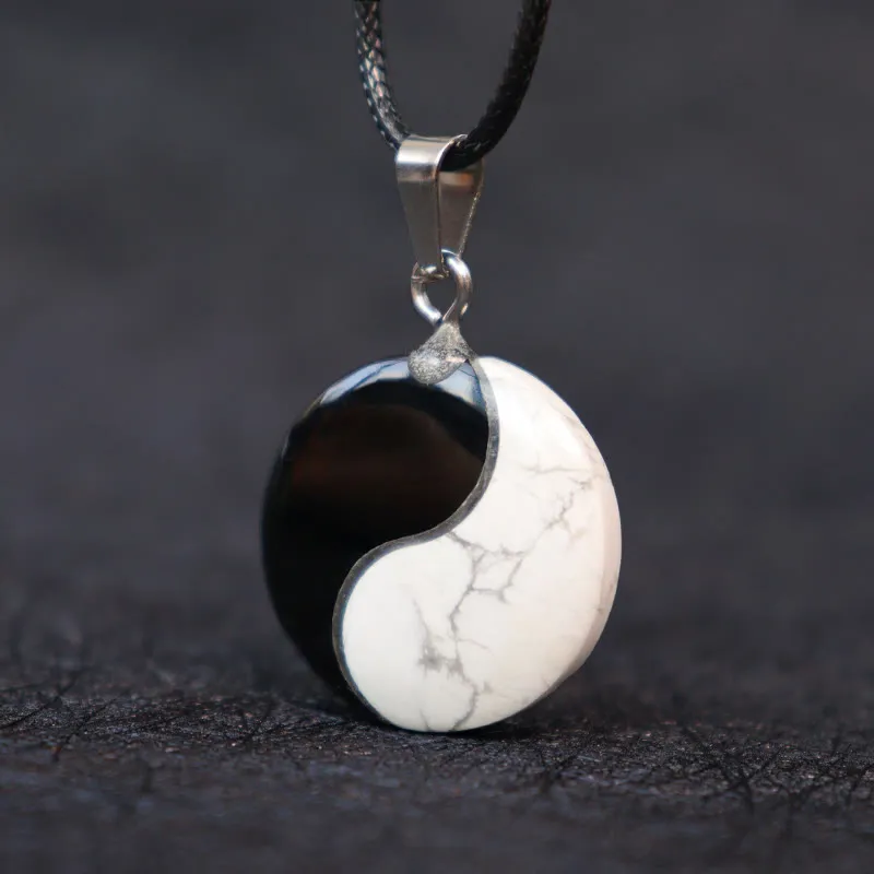 Natural Black Obsidian and White Turquoise Yin Yang Transformation Necklace Pendant - Image 2