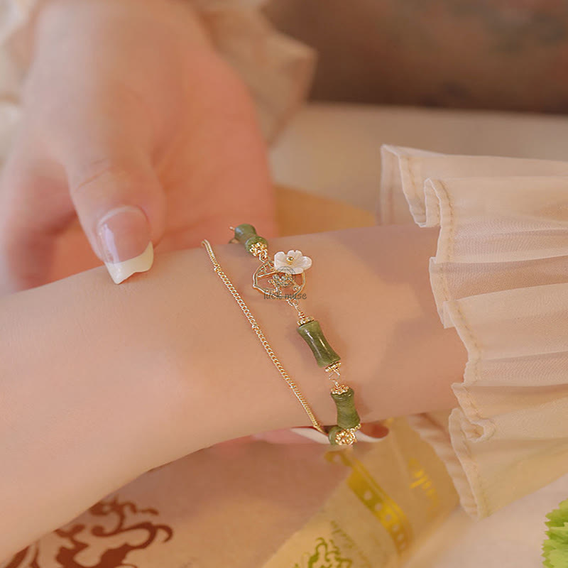 Luck Muse Double Layer Peridot Bamboo Flower Bracelet - 14k Gold Plated Copper, Symbolizing Wealth - Image 8
