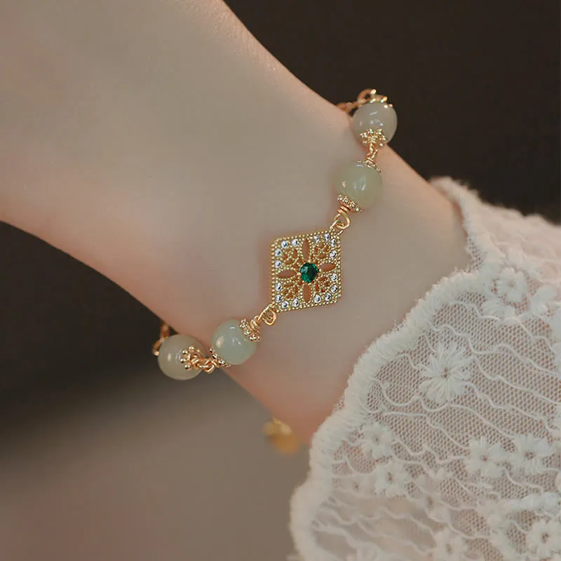 Natural Hetian Jade Square Pattern Luck Chain Bracelet - Image 4