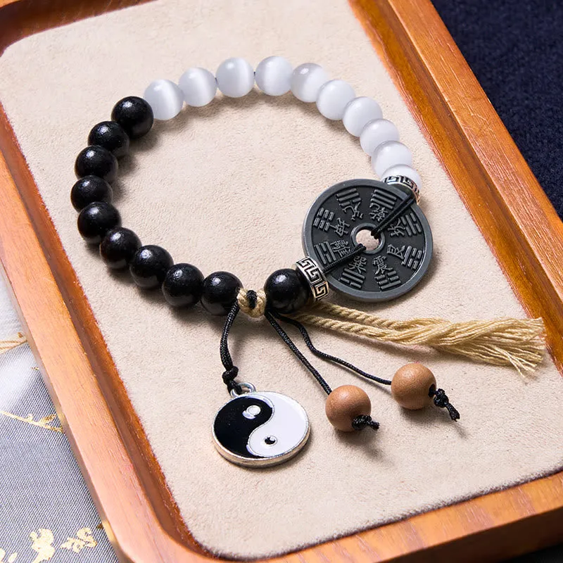 Luck Muse Cat's Eye Ebony Wood Yin Yang Bagua Coin Bracelet - Image 2