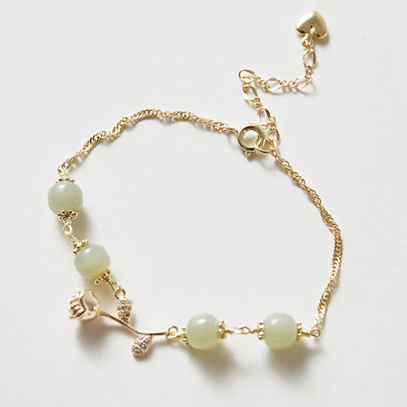 Luck Muse 14K Gold Plated Hetian Jade Rose Flower Luck Chain Bracelet - Image 3