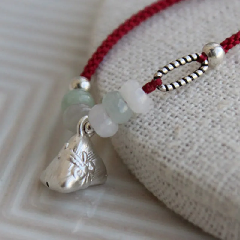 Luck Muse Jade Red String Bracelet with 925 Sterling Silver Zongzi Charm for Abundance - Image 4