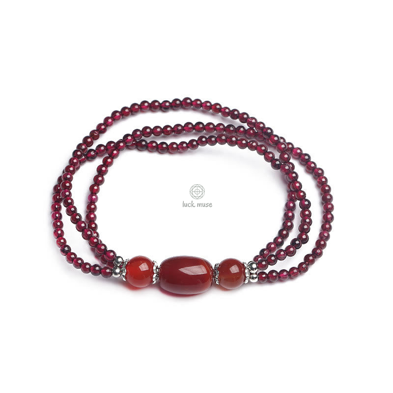Natural Garnet and Red Agate Triple Layer Bracelet with Luck Muse Protection - Image 6
