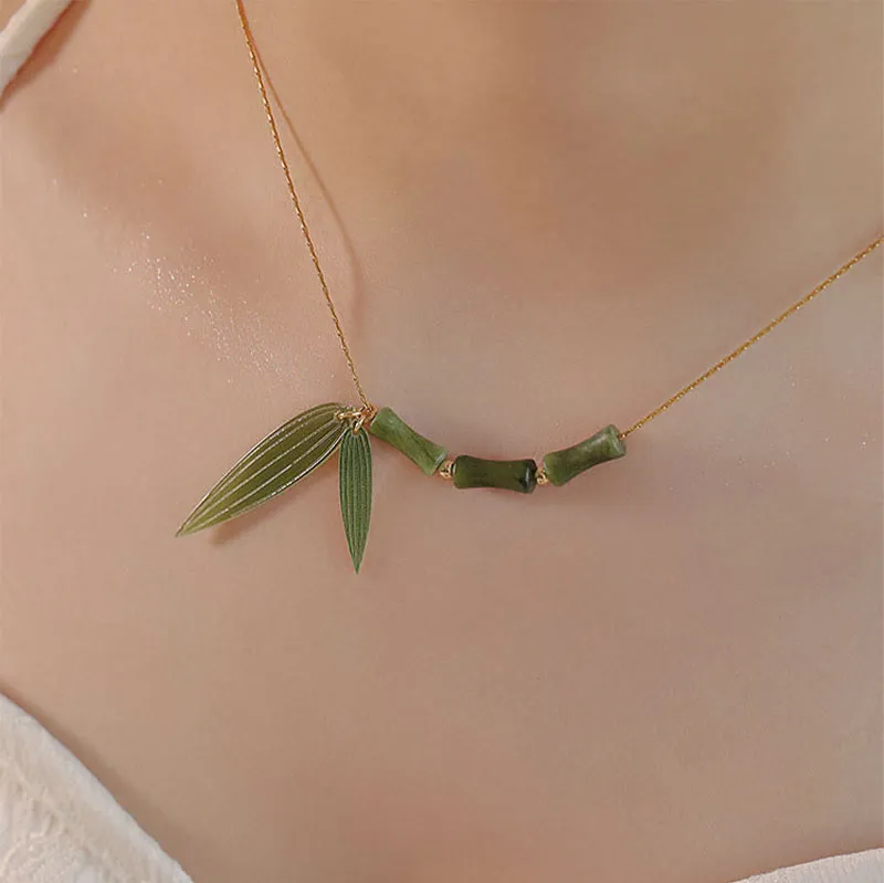 Bamboo Leaf Jade Luck Muse Wealth Necklace Pendant - Image 5
