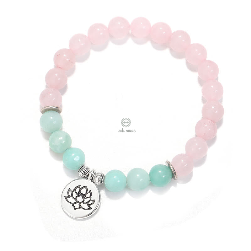 Natural Pink Crystal Amazonite Buddha Bracelet with Lotus and OM Symbol - Image 5