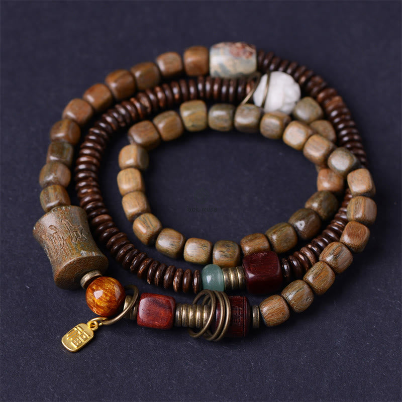 Green Sandalwood Ebony Om Mani Padme Hum Engraved Peace Triple Wrap Bracelet with Luck Muse