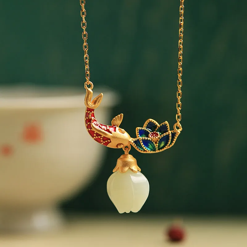 Luck Muse Shop 925 Sterling Silver White Jade Koi Fish Lotus Protection Necklace Pendant