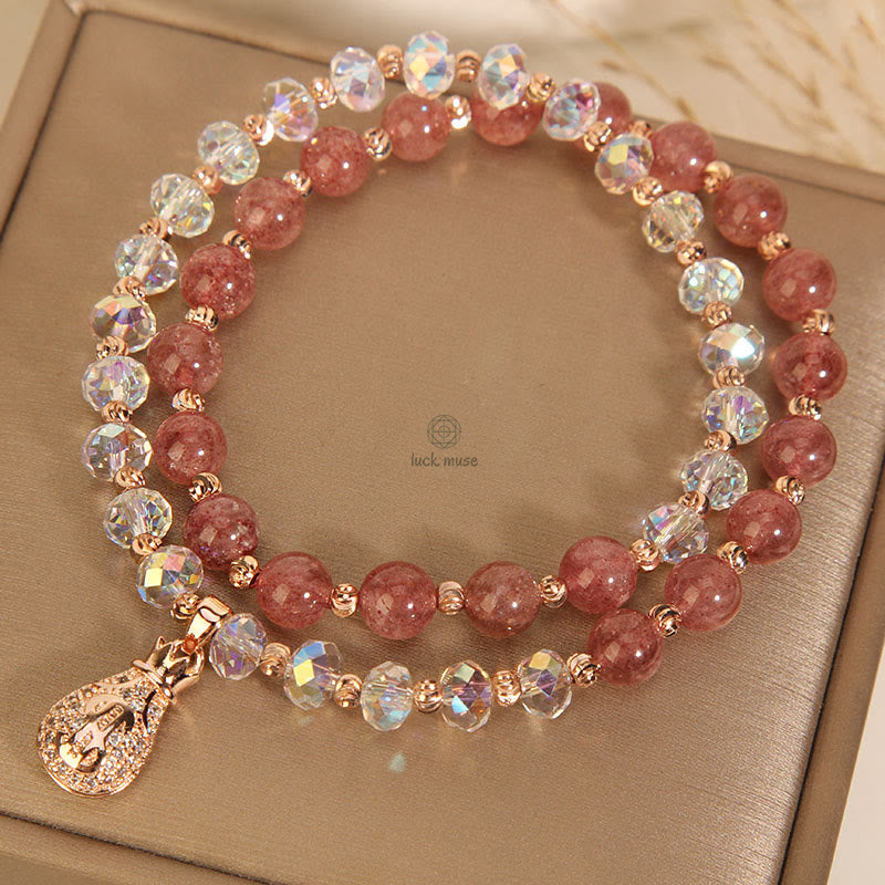 Luck Muse Strawberry Quartz & White Crystal Money Bag Charm Bracelet - Image 10