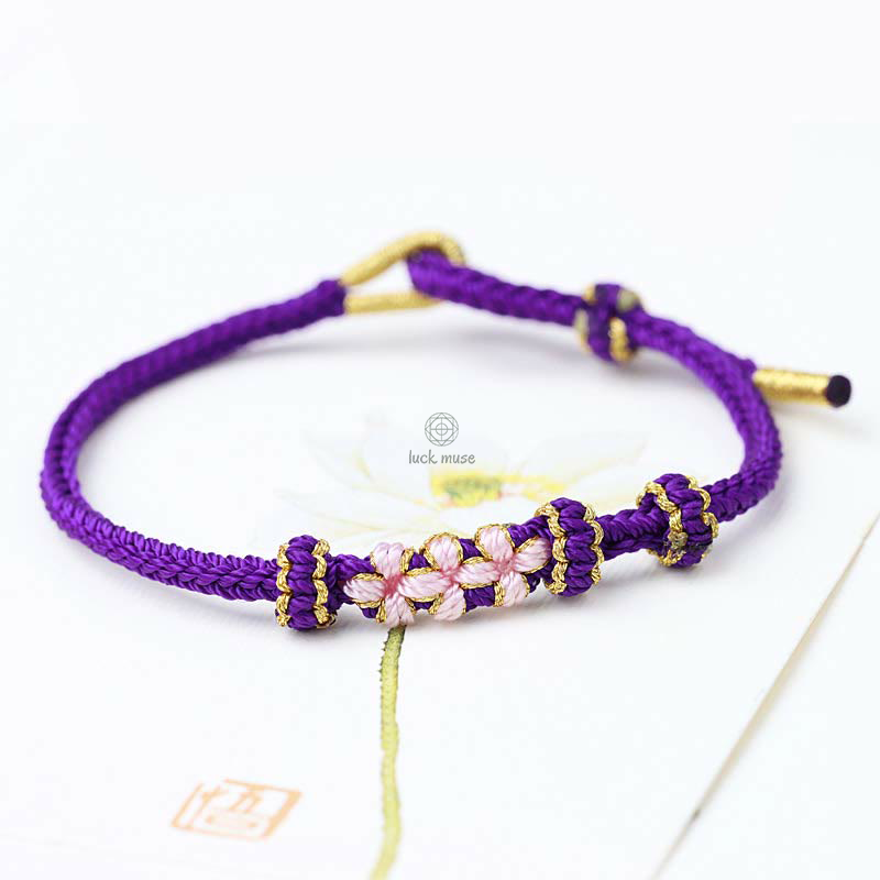 Braided String Bracelet with Handmade Three Peach Blossoms for Good Luck - Eight Strands - Image 12