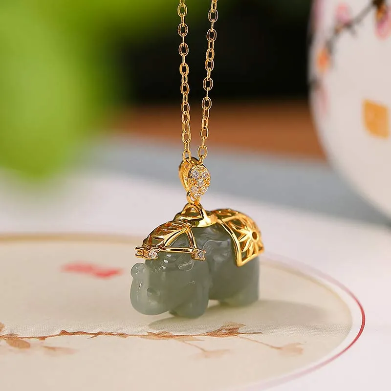 Luck Muse Jade Elephant Blessing Fortune 925 Sterling Silver Necklace Pendant