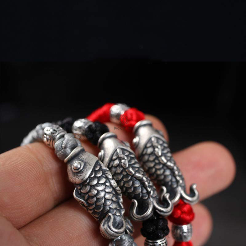 Braided String Bracelet with Silver Koi Fish Design for Good Fortune - Image 11