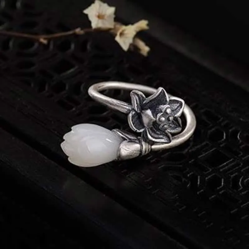 Jade Lotus Copper Adjustable Ring for Balance and Healing - Image 2
