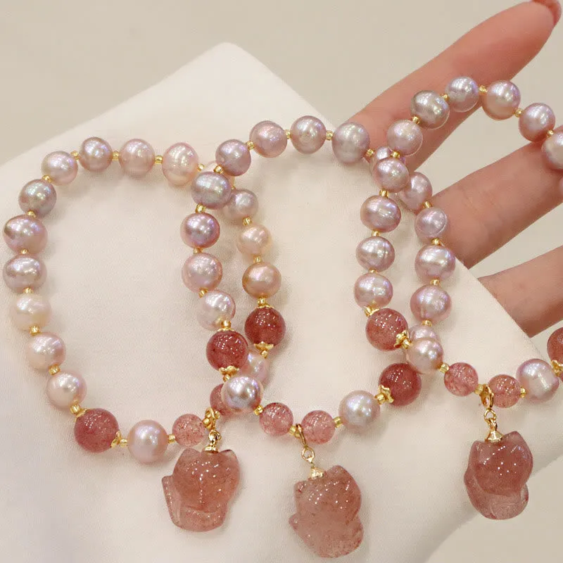 Natural Pearl Strawberry Quartz Love Healing Bracelet with Cute Fox Charm - Image 5