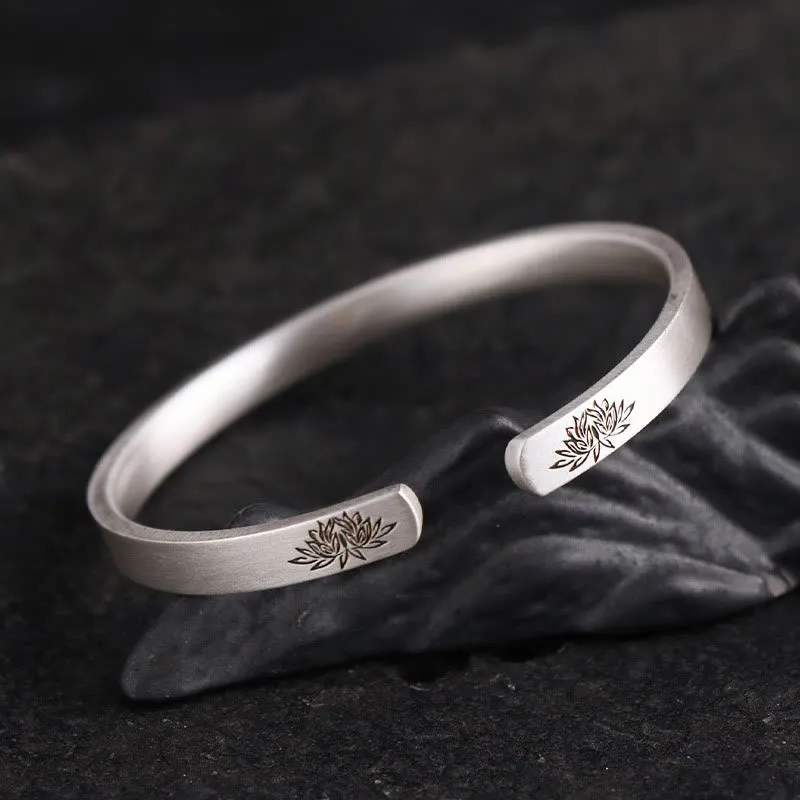 999 Sterling Silver Om Mani Padme Hum Lotus Engraved Peace Bracelet Bangle - Image 13