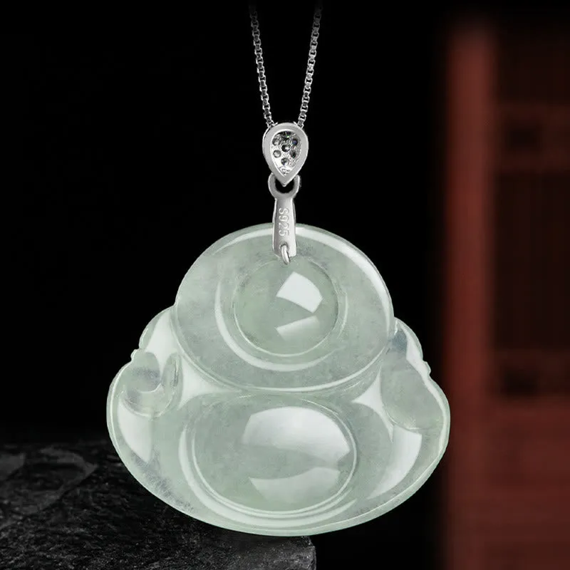 Luck Muse Laughing Buddha 925 Sterling Silver Jade Necklace Pendant for Prosperity and Abundance - Image 5