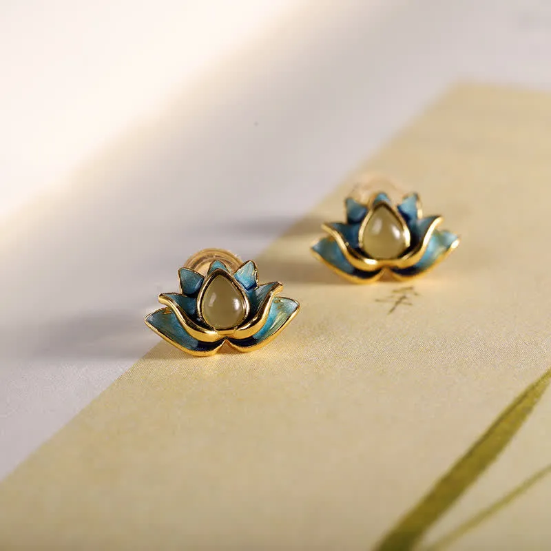 Luck Muse 925 Sterling Silver Hetian Cyan Jade Lotus Success Earrings
