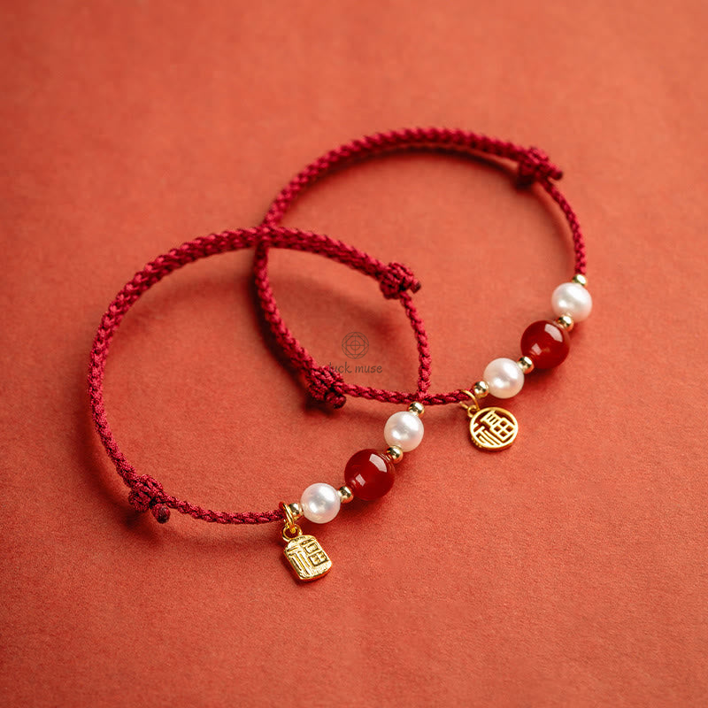 Luck Muse 925 Sterling Silver Fu Character Agate Pearl Red String Braid Bracelet - Image 2