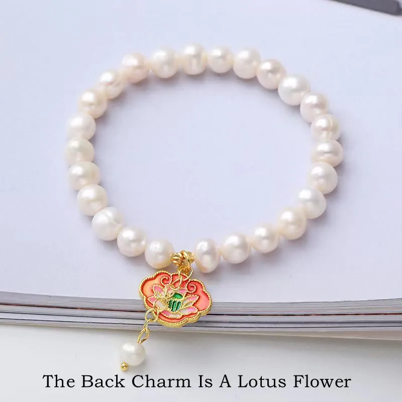 Natural Pearl Lotus Goldfish Optimism Charm Bracelet - Image 3