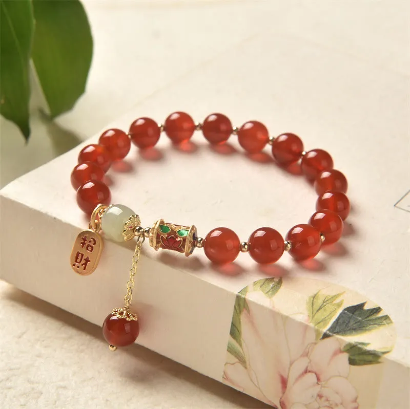 Natural Red Agate and Jade Fortune Charm Bracelet