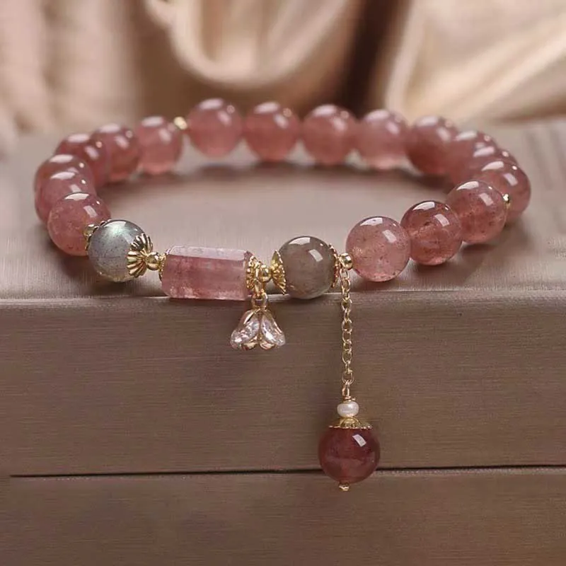 Natural Strawberry Quartz Zircon Flower Charm Bracelet with Positive Energy