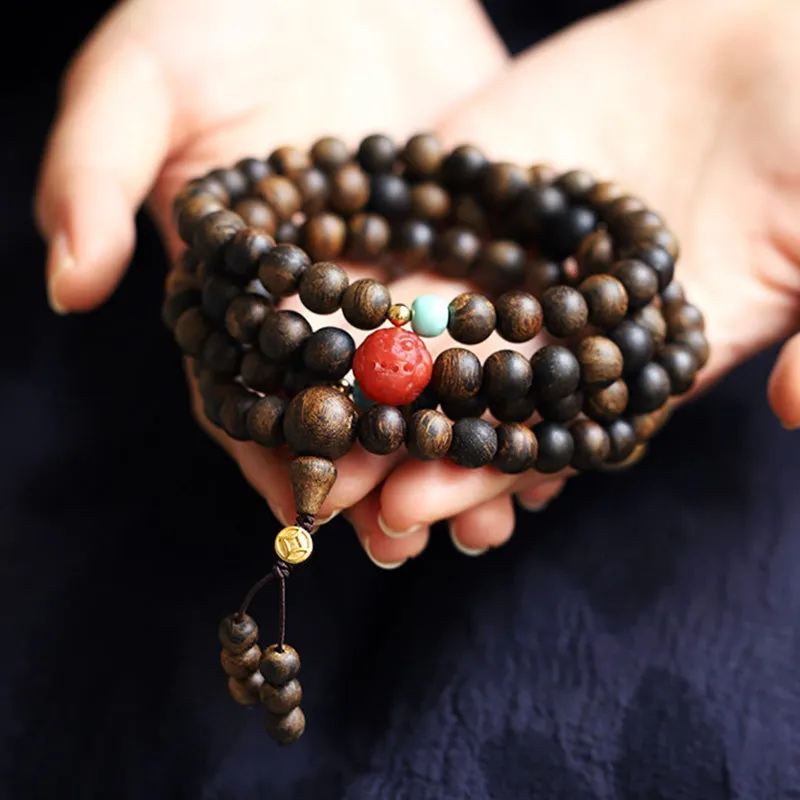 Luck Muse 108 Mala Beads Peace Meditation Bracelet with Agarwood, Red Agate, and Turquoise - Image 3