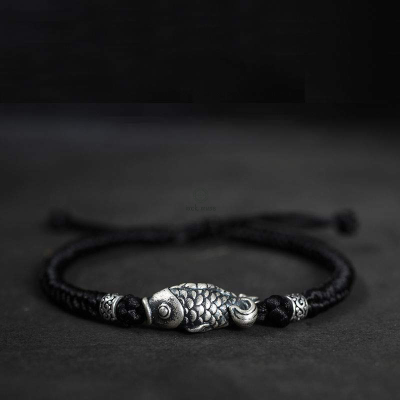 Braided String Bracelet with Silver Koi Fish Design for Good Fortune - Image 2
