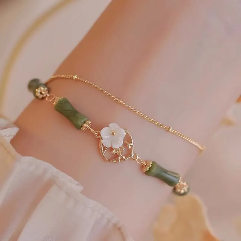Luck Muse Double Layer Peridot Bamboo Flower Bracelet - 14k Gold Plated Copper, Symbolizing Wealth