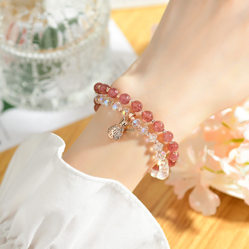 Luck Muse Strawberry Quartz & White Crystal Money Bag Charm Bracelet - Image 6