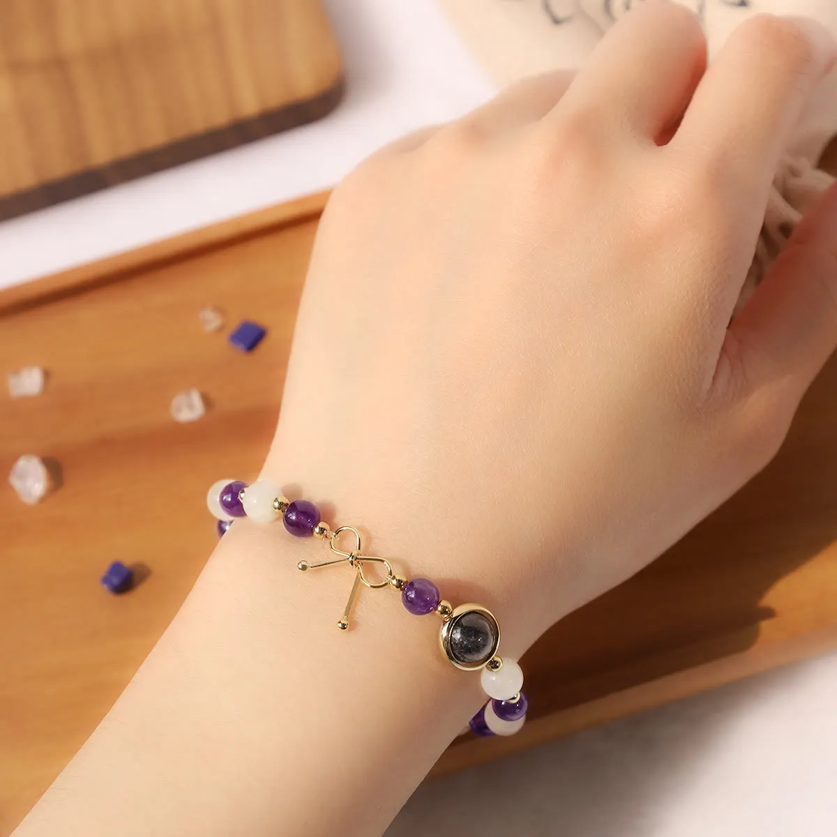 Spiritual Bead Bracelet with Amethyst, Cat's Eye, and Black Rutilated Quartz - Image 4