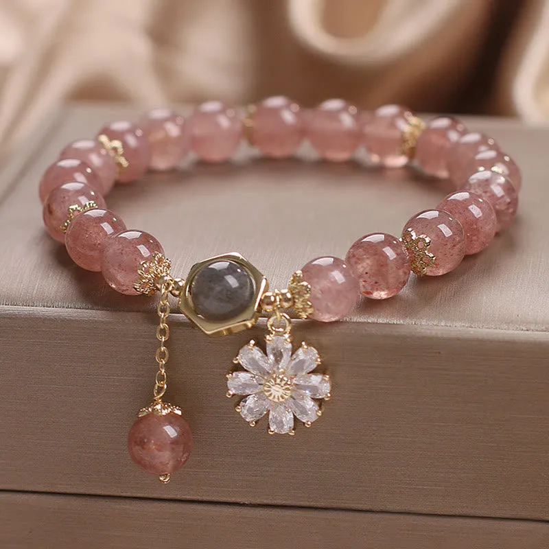 Strawberry Quartz Crystal Daisy Charm Healing Bracelet - Image 4
