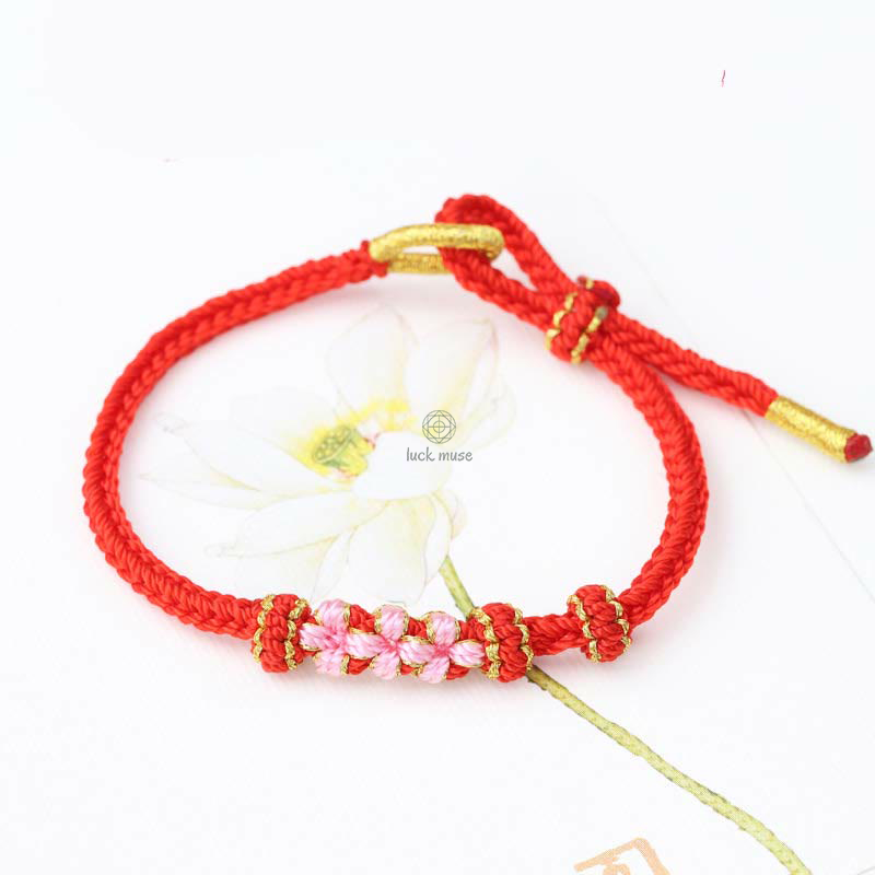 Braided String Bracelet with Handmade Three Peach Blossoms for Good Luck - Eight Strands - Image 2
