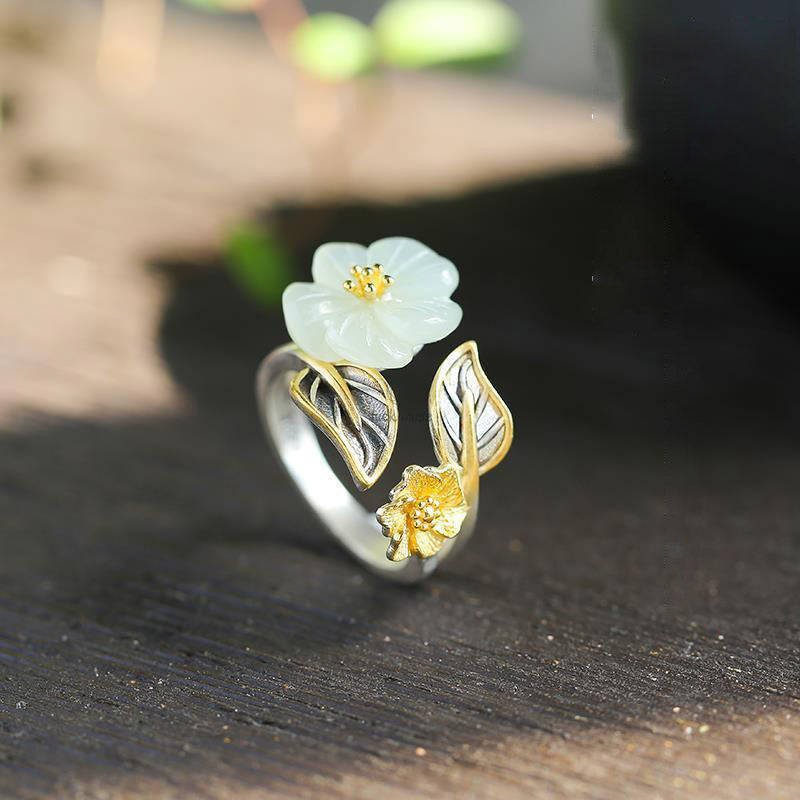 Luck Muse 925 Sterling Silver White Jade Plum Flower Leaf Luck Ring - Image 7