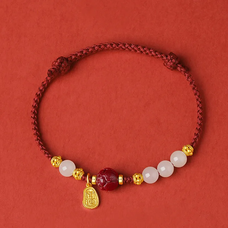 24K Gold Plated Hetian White Jade Cinnabar Lotus Luck Rope Bracelet with Luck Muse - Image 2